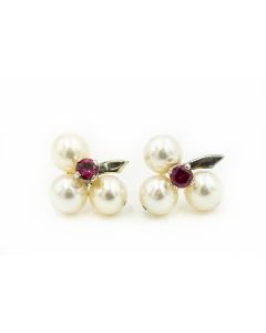 Estate Cultured Pearl and Pink Tourmaline Clover Earrings
