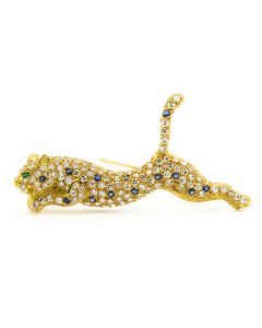 Estate Yellow Gold Diamond and Sapphire Panther Brooch