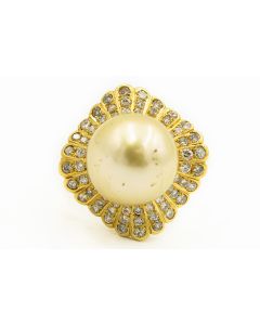 Estate Yellow Gold South Sea Pearl and Diamond Ring