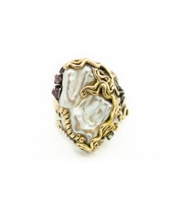 Estate Unusual Artisan Yellow Gold and Sterling Silver Baroque Pearl Temptress Ring