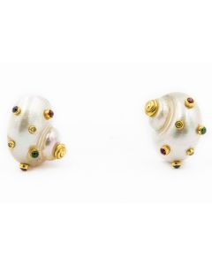 Estate Yellow Gold Gemstone and Diamond Shell Ear Clips