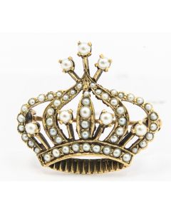 Estate Victorian Yellow Gold and Seed Pearl Crown Brooch