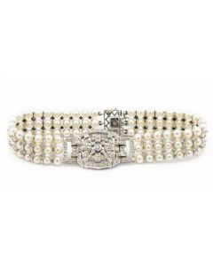 Art Deco Style White Gold Cultured Pearl and Diamond Bracelet