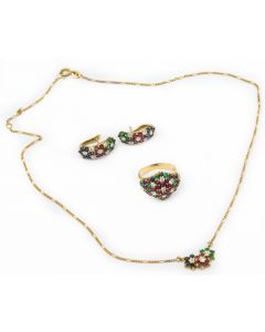 Estate Yellow Gold Diamond and Gemstone Necklace Earrings and Ring Suite