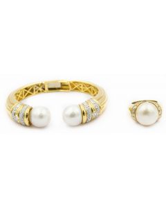 Estate Yellow Gold Diamond and South Sea Pearl Bangle and Ring Suite