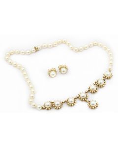 Estate Yellow Gold Diamond and Cultured Pearl Necklace and Earrings Suite