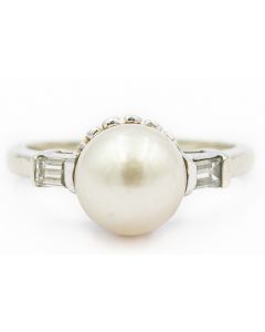 Estate Art Deco White Gold Cultured Akoya Pearl Ring
