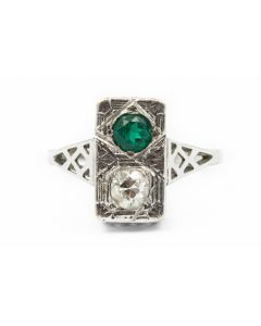 Estate Art Deco White Gold Diamond and Green Paste Ring