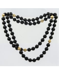 Estate Endless Onyx and Yellow Gold Bead Necklace
