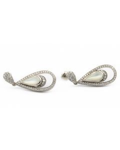 Estate White Gold Mother of Pearl and Diamond Tear Drop Motif Earrings by Kabana