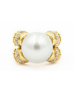 Estate Yellow Gold Diamond and South Sea Pearl Ring