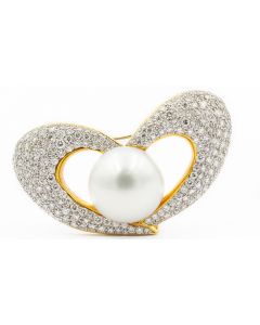 Estate Yellow Gold Diamond and South Sea Pearl Heart Motif Brooch