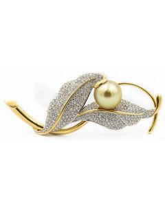 Estate Yellow Gold Diamond and Golden Pearl Leaf Motif Brooch