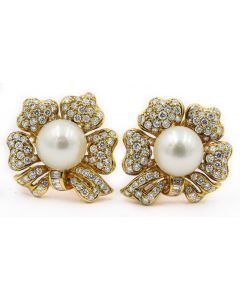 Estate Yellow Gold Diamond and Pearl Flower Motif Earrings