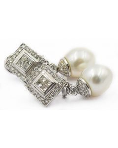 Estate White Gold Diamond and Pearl Drop Earrings