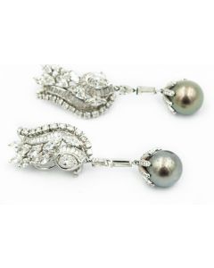 Estate White Gold Diamond and Black Cultured Pearl Day/Night Ear Pendants