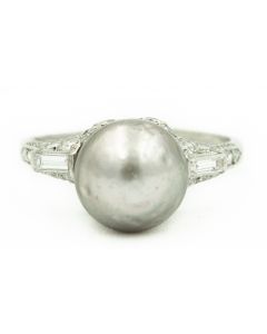 Estate Art Deco Platinum, Natural Pearl and Diamond Ring