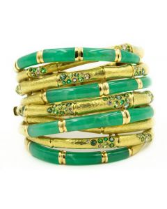 Estate 70th Anniversary Edition Gold Chrysoprase and Sapphire Bamboo Bangle Bracelet by Vendorafa