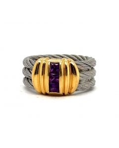 Estate Contemporary Gold and Steel Amethyst Cable Ring by Philippe Charriol 