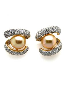 Estate Yellow Gold South Sea Gold Pearl and Diamond Earrings