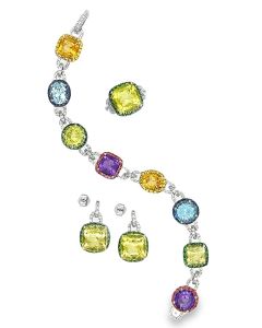 Estate White Gold Multi Colored Gemstone and Diamond Bracelet Ring and Earrings Suite 