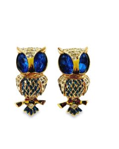 Vintage Coro Craft Duette Sterling Silver Blue Owl Fur Clips Brooches Designed By Adolph Katz