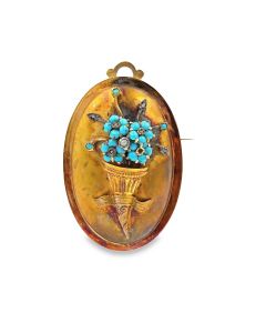 Estate Etruscan Diamond and Turquoise Floral Brooch