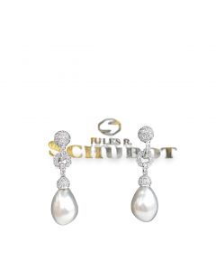 Estate White Gold Cultured Pearl and Diamond Earrings by Schubot