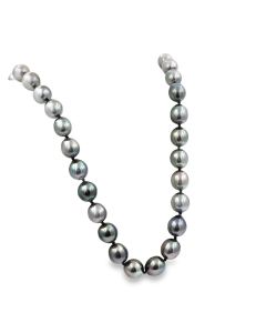 Cultured Black Tahitian Pearl Necklace strung with 37 baroque pearls measuring 9.40mm in width, exhibiting a fine green to rose peacock overtone, terminating with a 18K white gold ball clasp measuring 18 inches in length. 