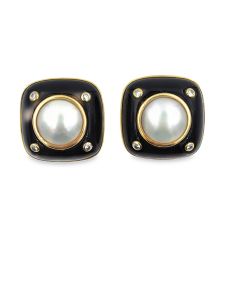 Estate Yellow Gold Diamond Pearl and Onyx Earrings by Trianon