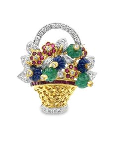Estate Yellow Gold Tutti Frutti Floral Basket Brooch