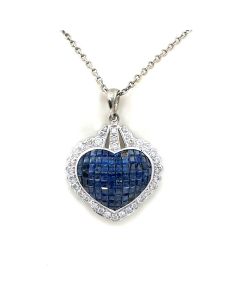 Estate White Gold Invisibly Set Sapphire and Diamond Heart Pendant Necklace
