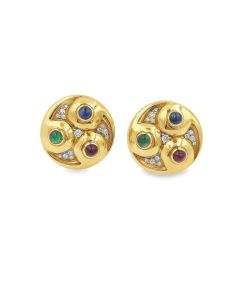 Estate Yellow Gold Diamond and Multi Colored Gemstone Circular Earrings