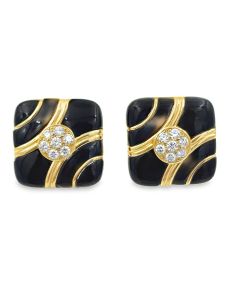 Estate Yellow Gold Diamond and Onyx Earrings 