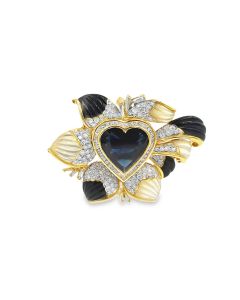 Estate Vintage Yellow Gold Diamond, Sapphire, Onyx and Mother-Of-Pearl Brooch