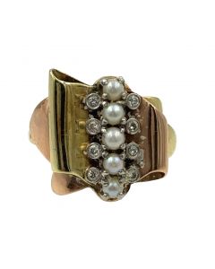 Estate Retro Two Toned Yellow and Rose Gold Diamond and Pearl Ribbon Designer Ring