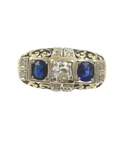 Estate Retro Yellow Gold Diamond and Sapphire Three Stone Ring