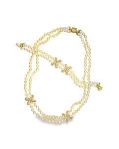 Estate Yellow Gold Diamond and Cultured Pearl Double Strand Necklace and Bracelet Suite 