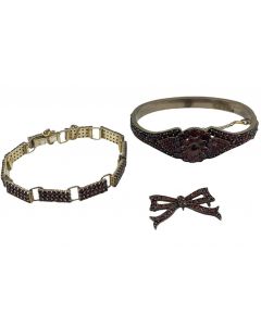 Estate Vintage Gilded Metal Bohemian Garnet (2) Bracelets and Brooch Suite