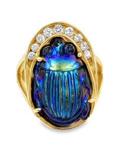 Estate Vintage Yellow Gold Diamond and Glass Scarab Ring