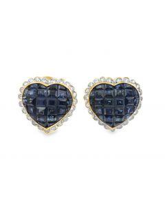 Estate Yellow Gold Diamond and Sapphire Heart Earrings