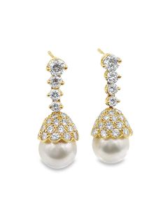 Estate Gold Cultured Pearl and Diamond Drop Ear Pendants