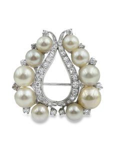 Estate 1950's Cultured Pearl and Diamond Brooch 