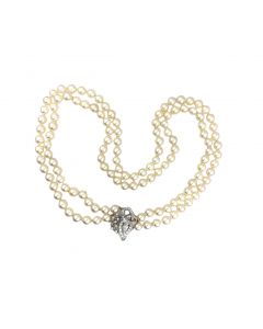 Estate Vintage Double Strand Cultured Pearl and Diamond Necklace