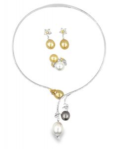 Estate South Sea Pearl and Diamond Necklace Earrings and Ring Suite