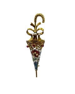 Estate Vintage Yellow Gold and Enamel Parasol/Umbrella Brooch 
