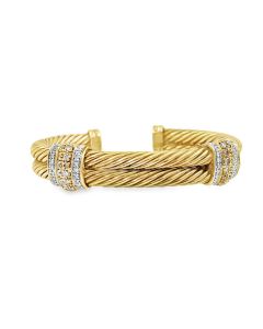 Estate Vintage Gold and Diamond Double Cable Cuff Bracelet By David Yurman
