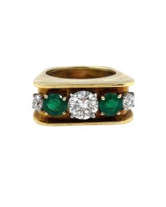 Estate Vintage Yellow Gold Diamond and Emerald Ring 