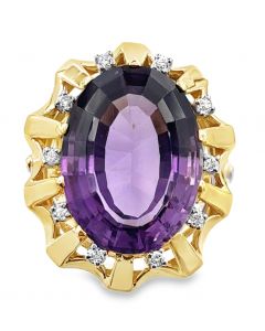 Estate Vintage Yellow Gold Diamond and Amethyst Ring 