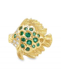Estate Vintage Gold Diamond and Emerald Fish Ring by Kabana 